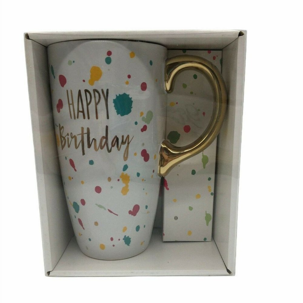 Happy Birthday Mug Gold Handle Paint Splash Design 20 oz NIB GIFT